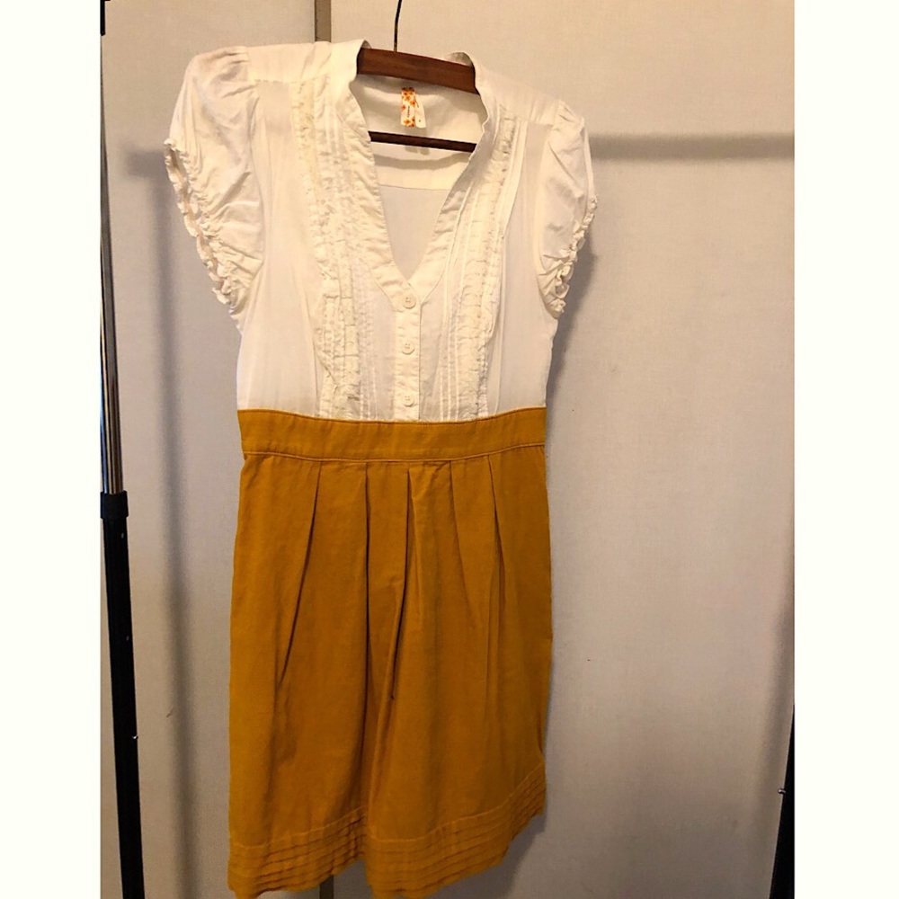 Anthropology mustard and white dress.